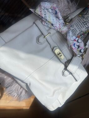Coach White Leather Shoulder Bag with Signature Scarf Accent